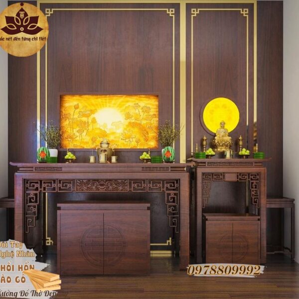Bàn thờ gia tiên và bàn thờ phật là sự thiết kế hài hoà trong cùng 1 không gian