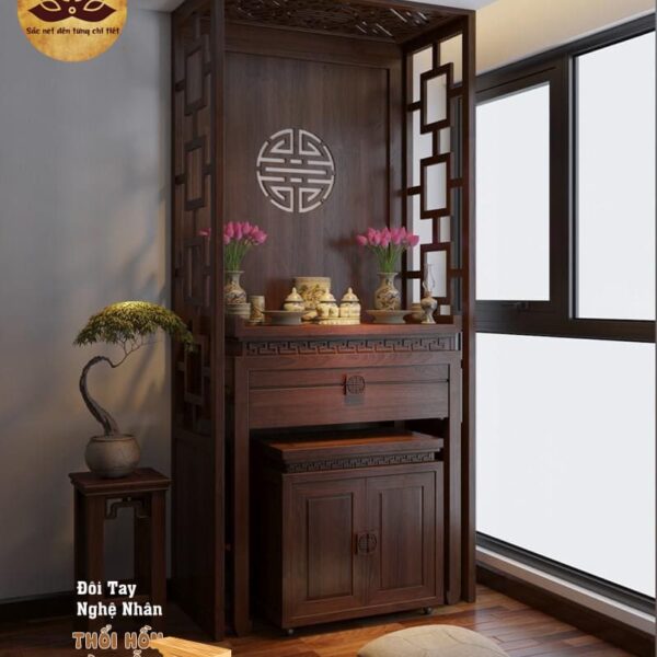 Bàn Thờ Hiện Đại 01 Sự kết hợp giữa truyền thống và hiện đại: Mẫu bàn thờ giữ được vẻ đẹp của phong tục thờ cúng Việt Nam, đồng thời mang đến nét mới lạ trong phong cách hiện đại.