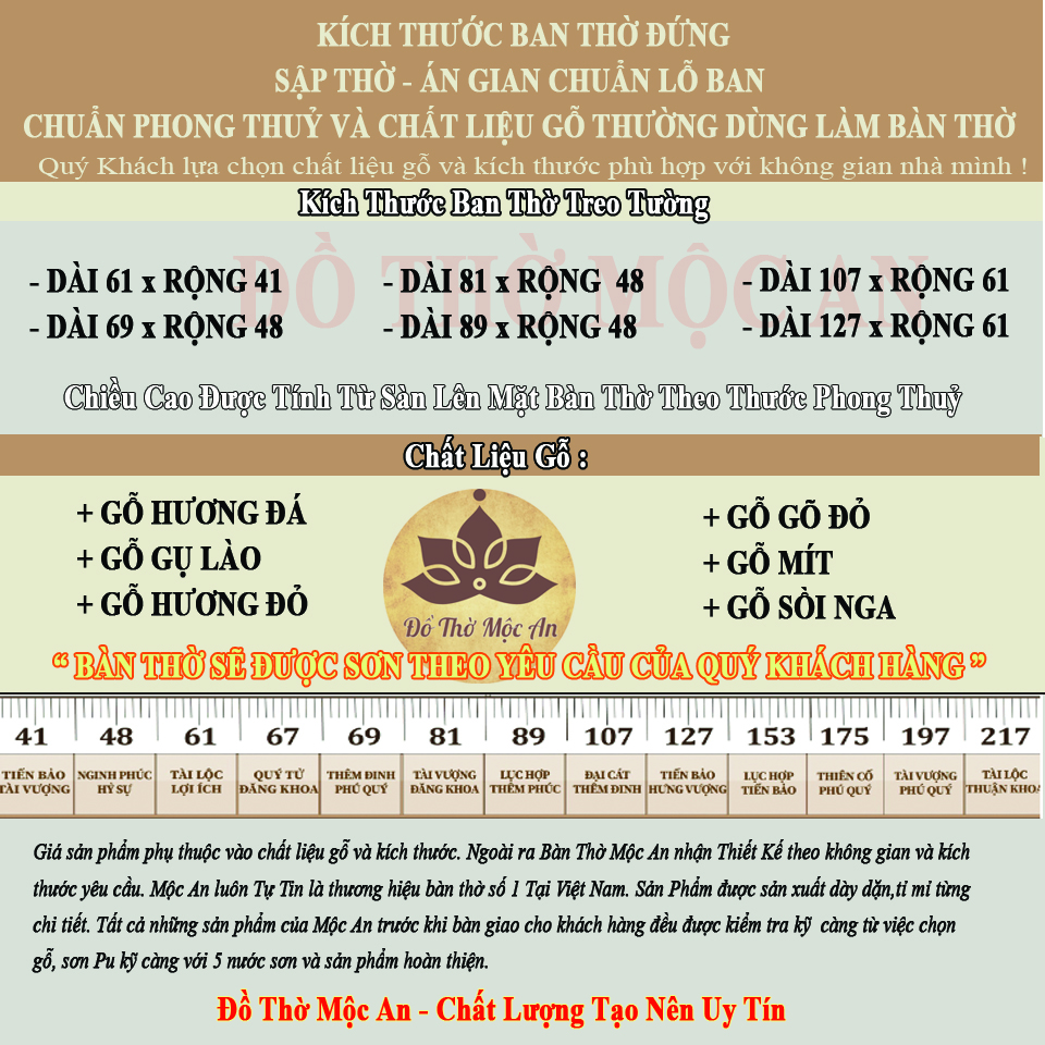 Kích Thước Ban Thờ Treo Tường là bảng số đo kích thước để làm ban thờ theo số Đỏ trong phong thuỷ