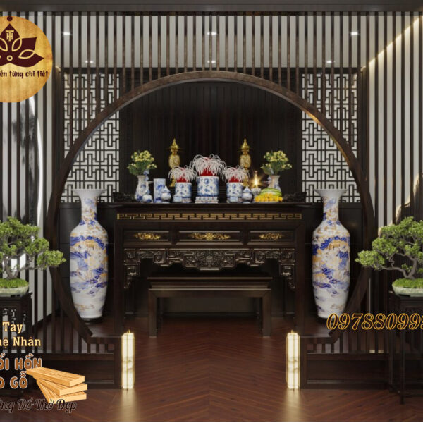 Phòng Thờ Á Đông Giát Vàng với tone màu nâu đậm và sự kết hợp khéo léo những chi tiết giát vàng 24k tạo điểm nhấn cho không gian